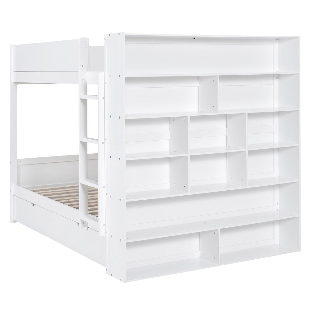 White Full Over Full Wood Bunk Bed With Drawers And Storage