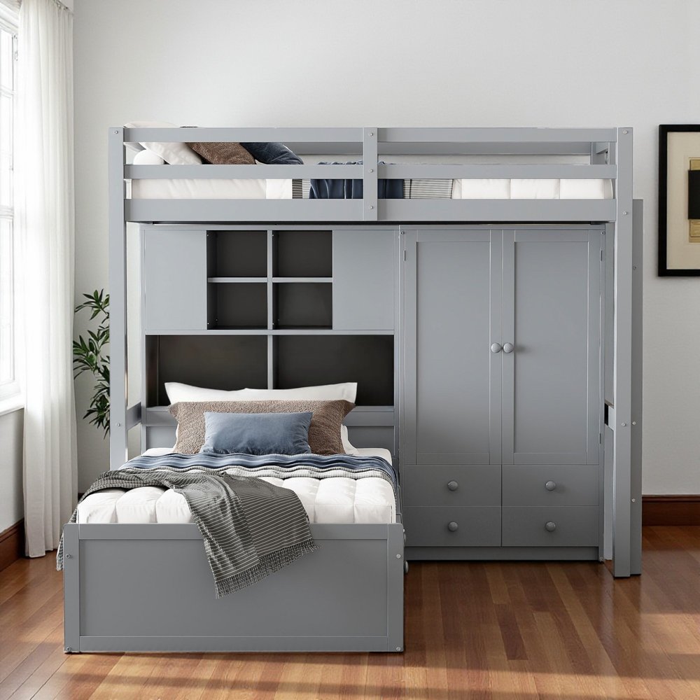 Gray Twin Over Twin Wood Bunk Bed With Drawers And Storage