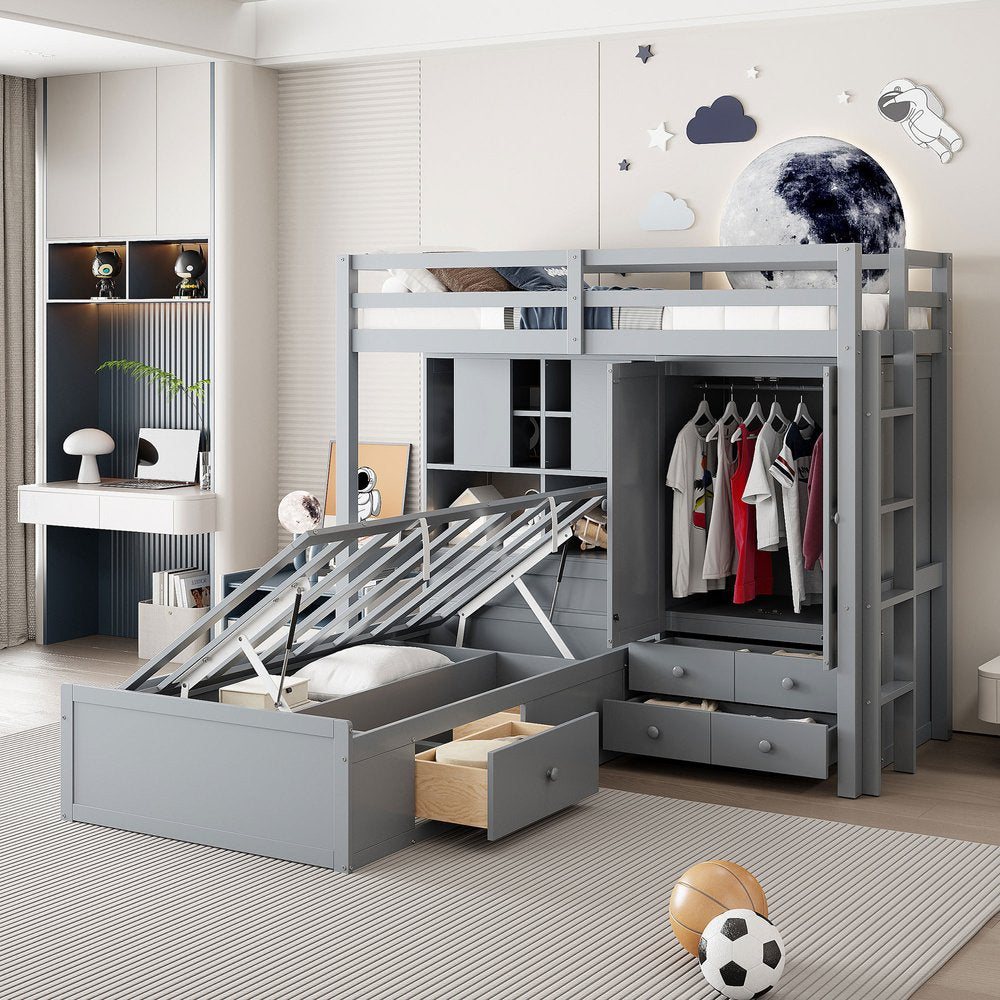 Gray Twin Over Twin Wood Bunk Bed With Drawers And Storage