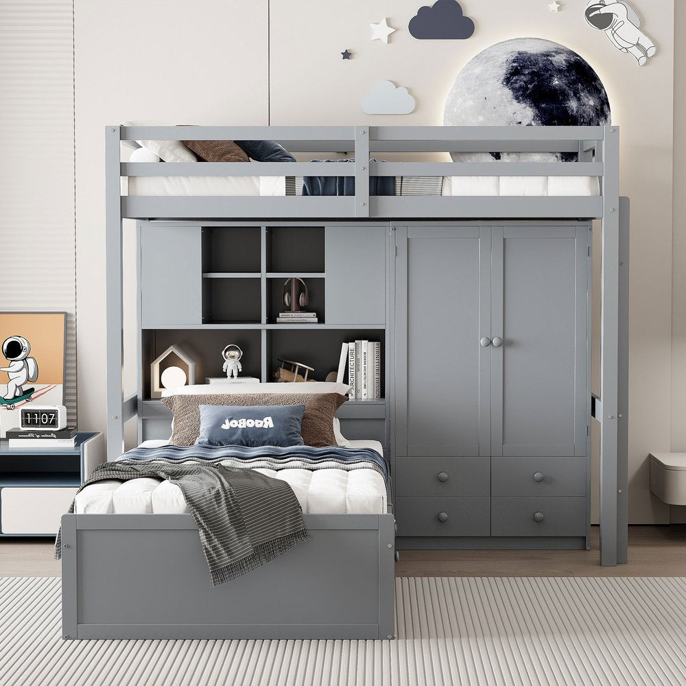 Gray Twin Over Twin Wood Bunk Bed With Drawers And Storage