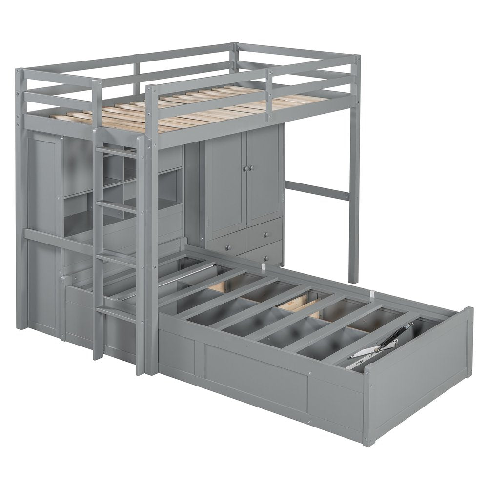 Gray Twin Over Twin Wood Bunk Bed With Drawers And Storage
