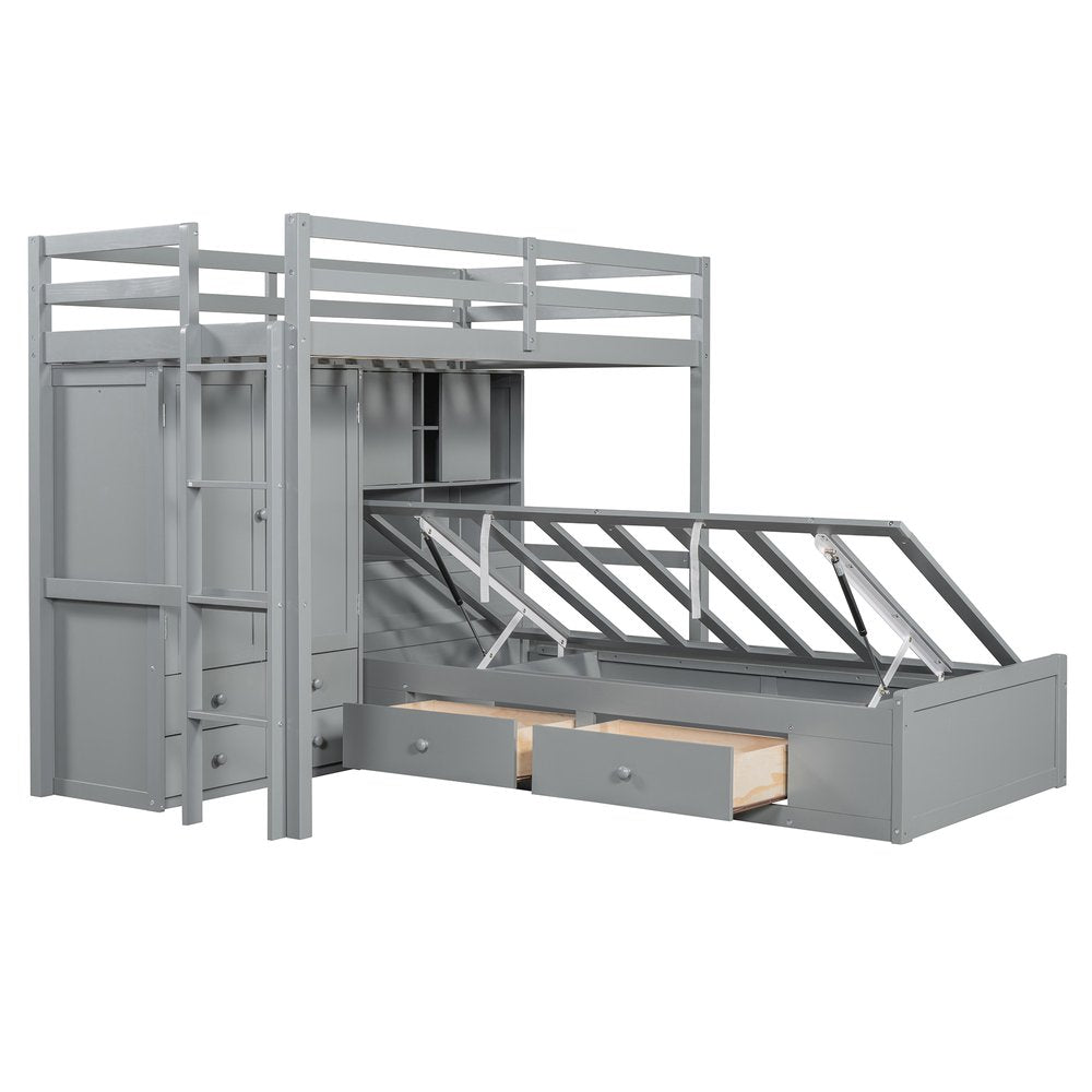 Gray Twin Over Twin Wood Bunk Bed With Drawers And Storage