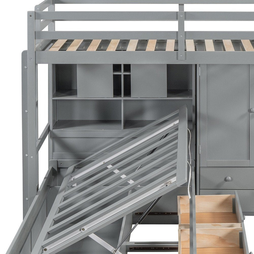 Gray Twin Over Twin Wood Bunk Bed With Drawers And Storage