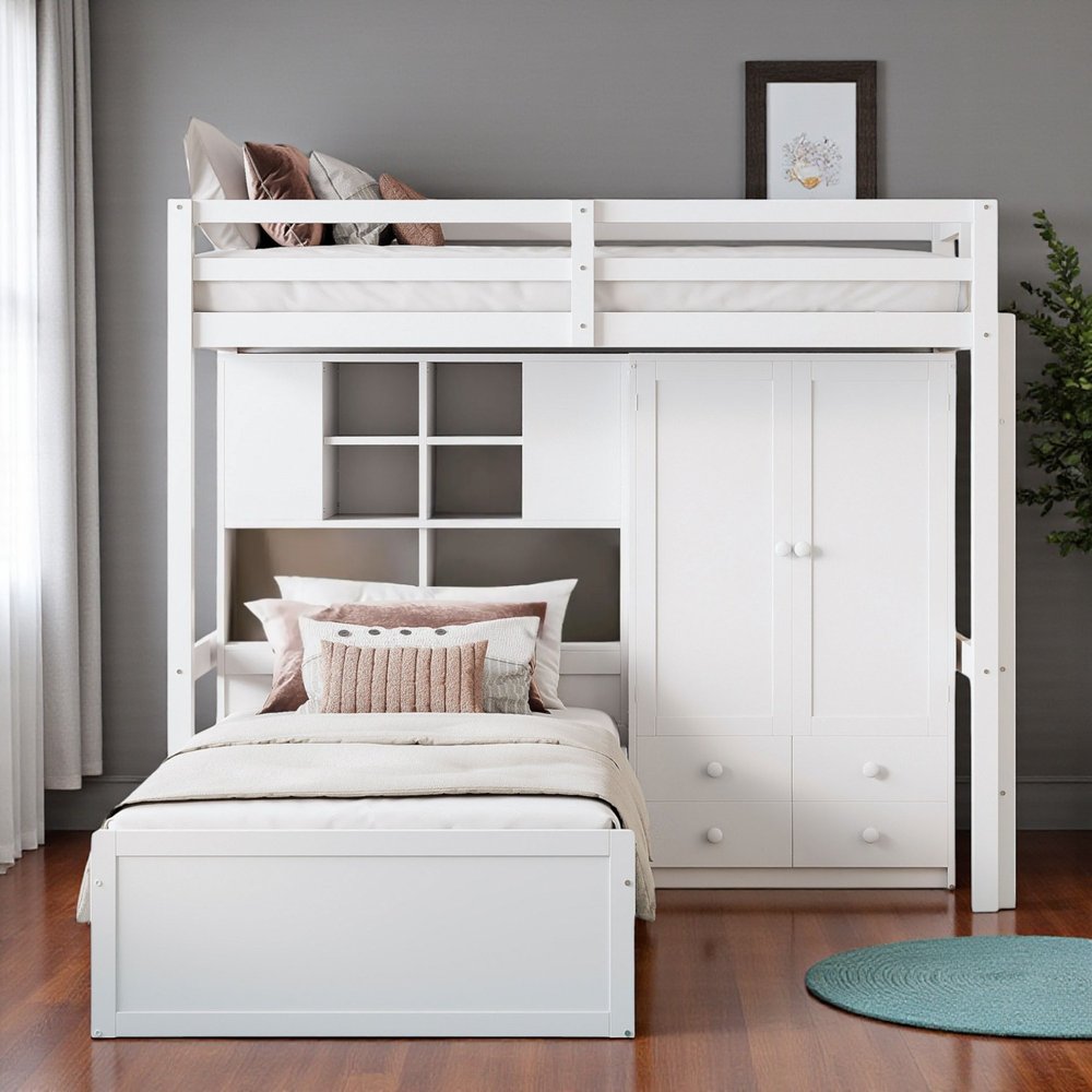 White Twin Over Twin Wood Bunk Bed With Drawers And Storage