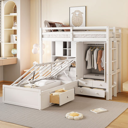 White Twin Over Twin Wood Bunk Bed With Drawers And Storage