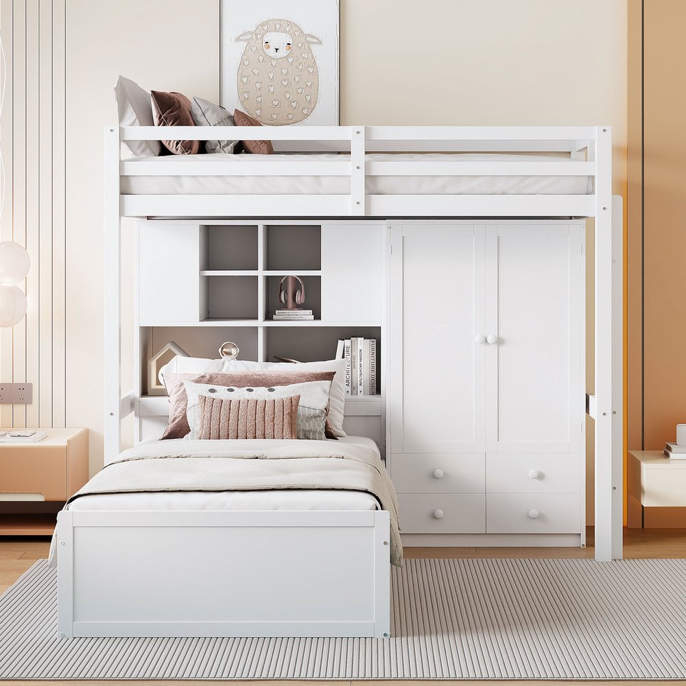White Twin Over Twin Wood Bunk Bed With Drawers And Storage