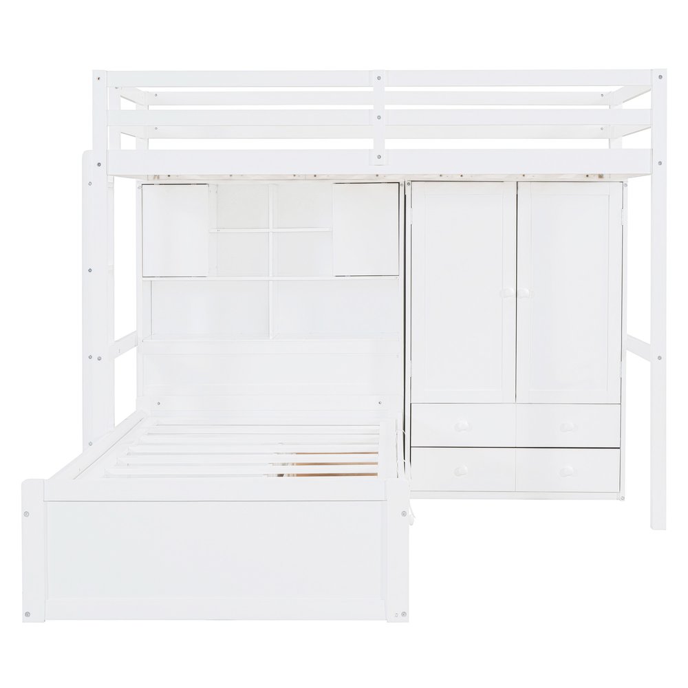 White Twin Over Twin Wood Bunk Bed With Drawers And Storage