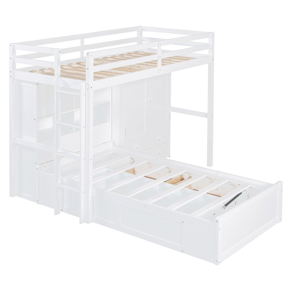 White Twin Over Twin Wood Bunk Bed With Drawers And Storage