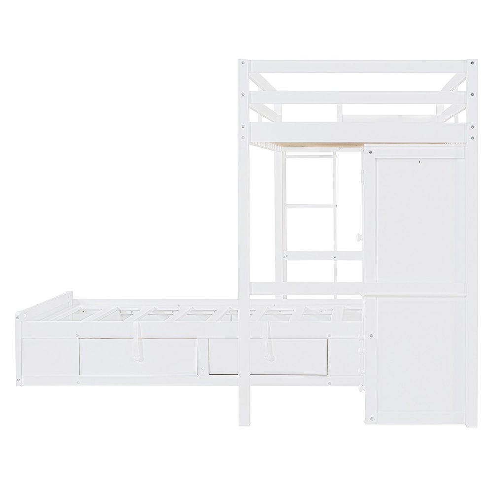 White Twin Over Twin Wood Bunk Bed With Drawers And Storage