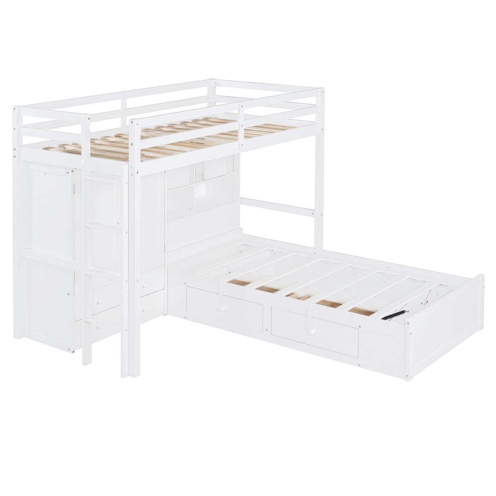 White Twin Over Twin Wood Bunk Bed With Drawers And Storage