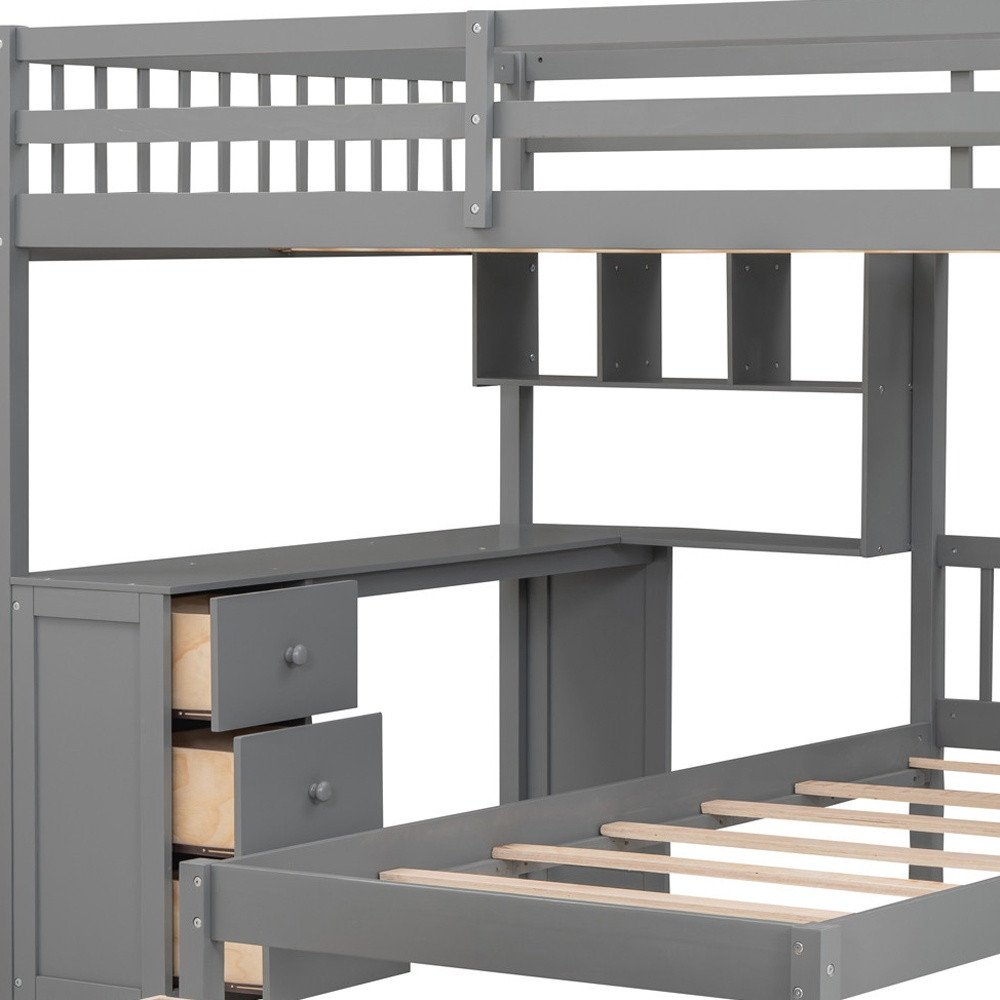 Gray Full Over Twin Wood Bunk Bed With Stairs Desk Drawers And Storage