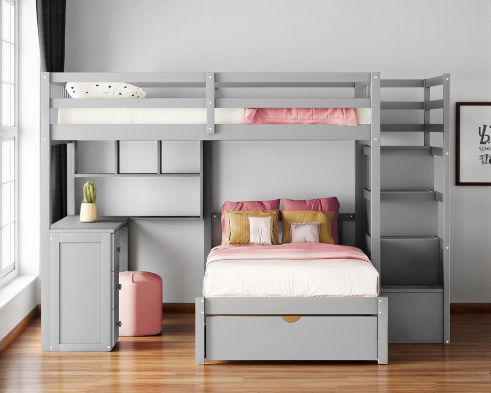 Gray Full Over Twin Wood Bunk Bed With Stairs Desk Drawers And Storage