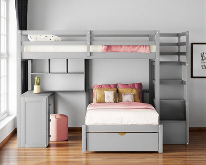 Gray Full Over Twin Wood Bunk Bed With Stairs Desk Drawers And Storage