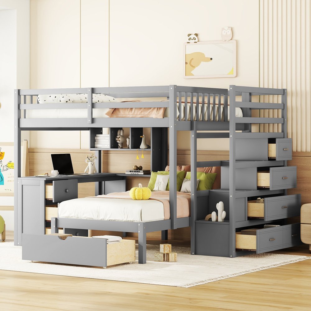 Gray Full Over Twin Wood Bunk Bed With Stairs Desk Drawers And Storage