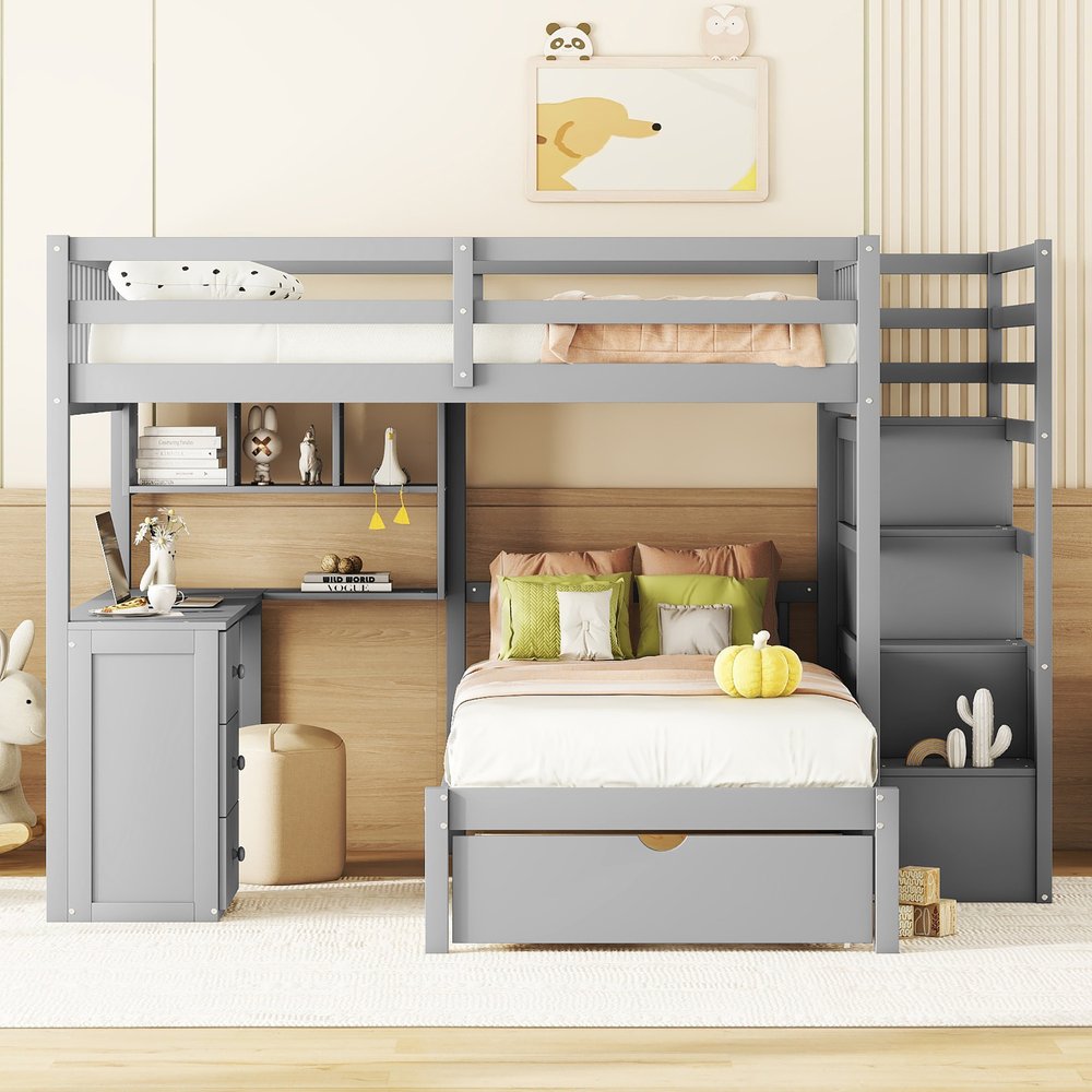 Gray Full Over Twin Wood Bunk Bed With Stairs Desk Drawers And Storage