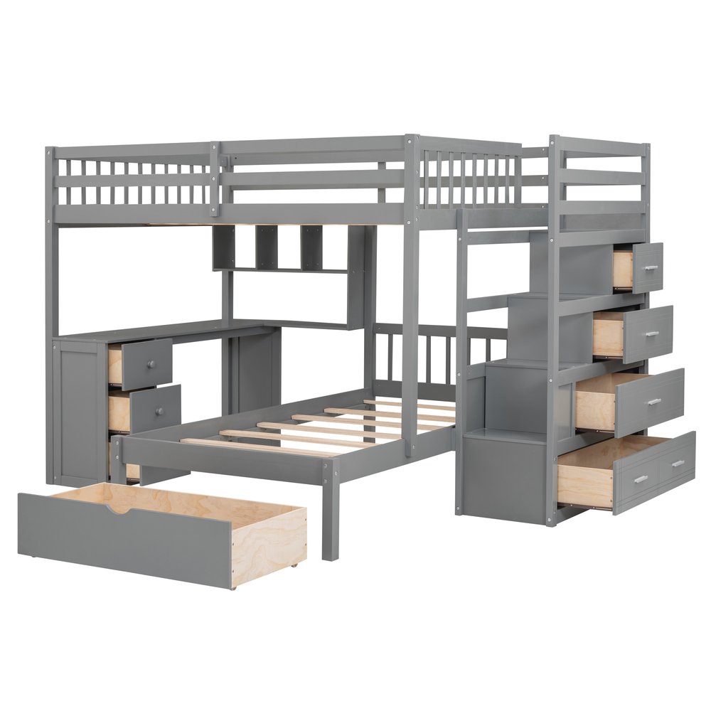 Gray Full Over Twin Wood Bunk Bed With Stairs Desk Drawers And Storage
