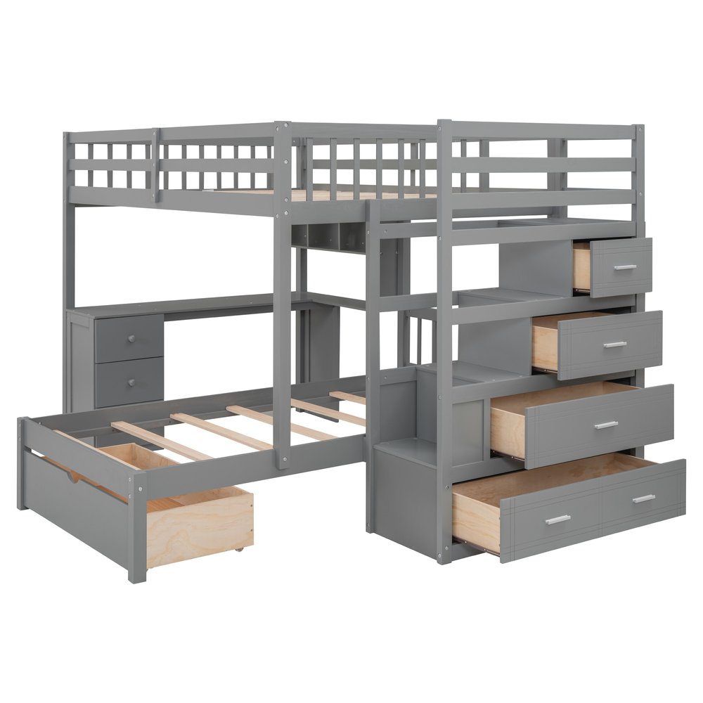 Gray Full Over Twin Wood Bunk Bed With Stairs Desk Drawers And Storage