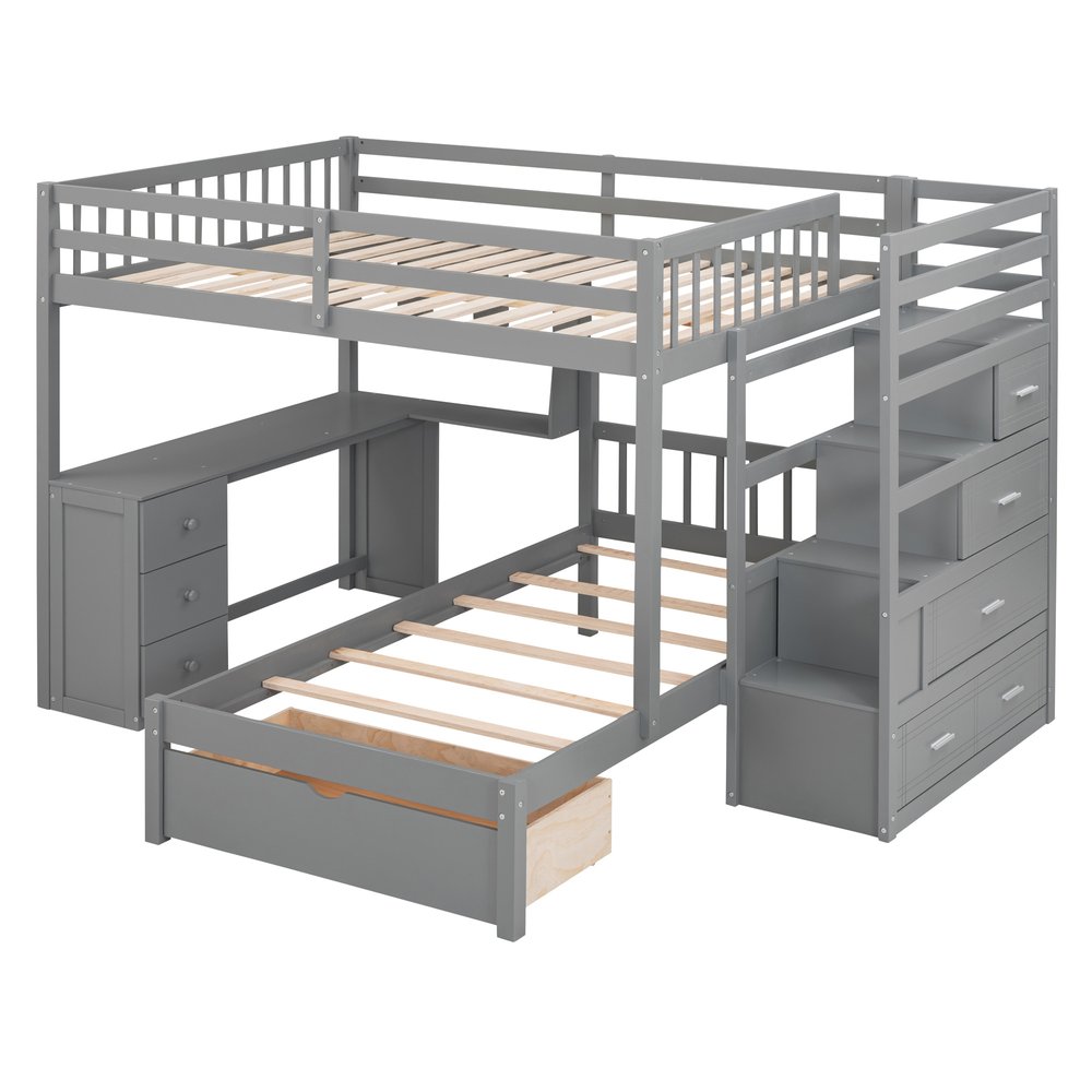 Gray Full Over Twin Wood Bunk Bed With Stairs Desk Drawers And Storage