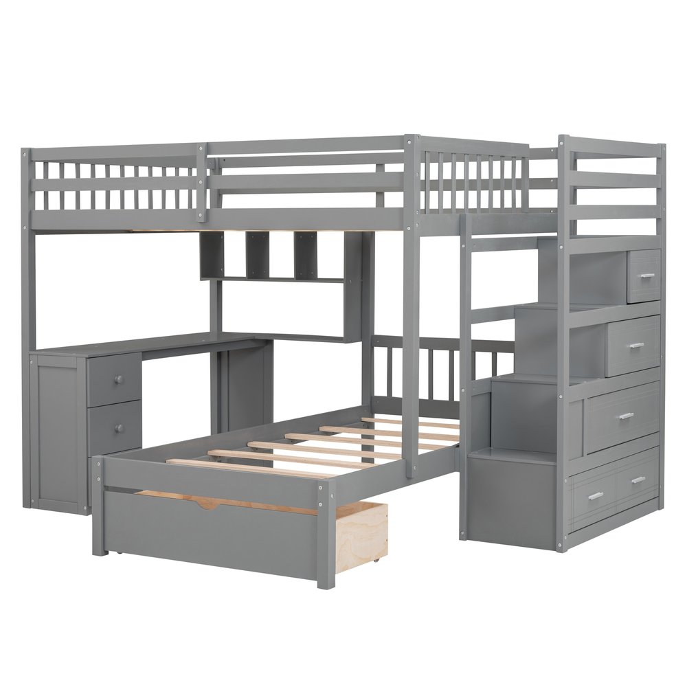 Gray Full Over Twin Wood Bunk Bed With Stairs Desk Drawers And Storage