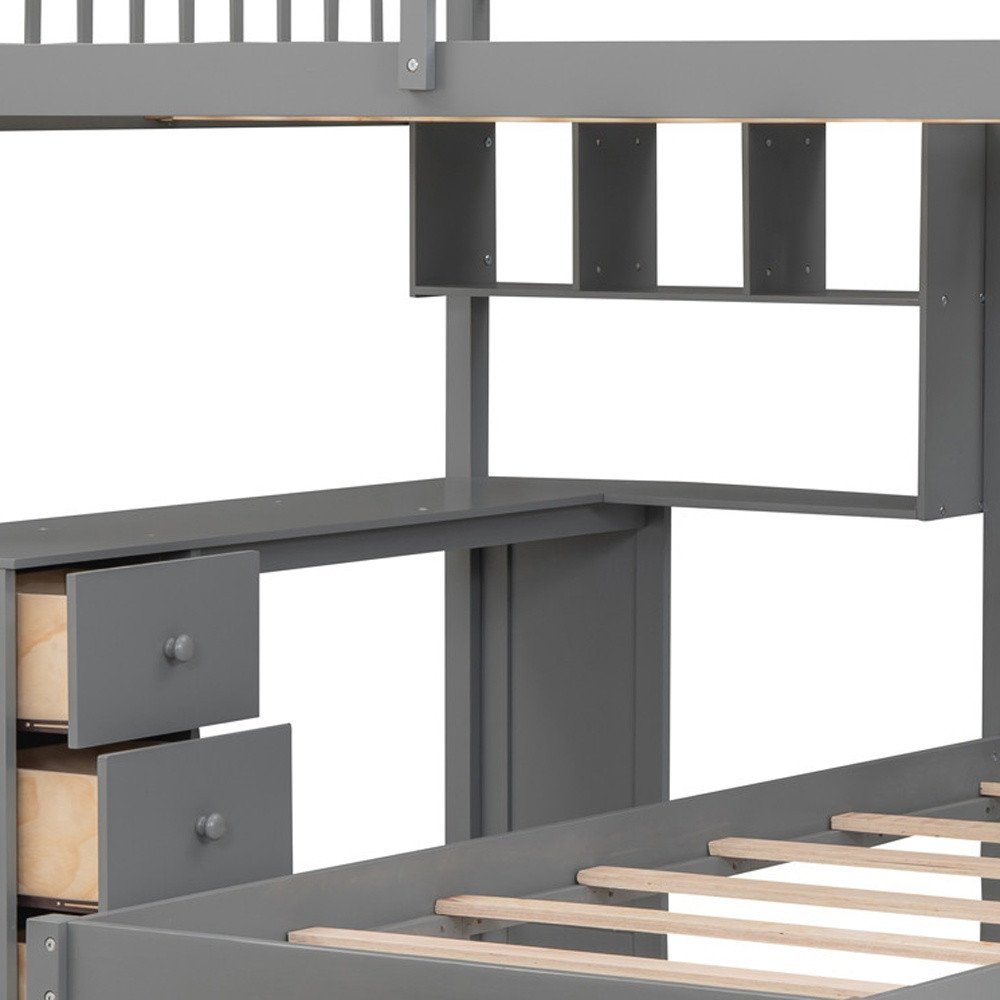 Gray Full Over Twin Wood Bunk Bed With Stairs Desk Drawers And Storage