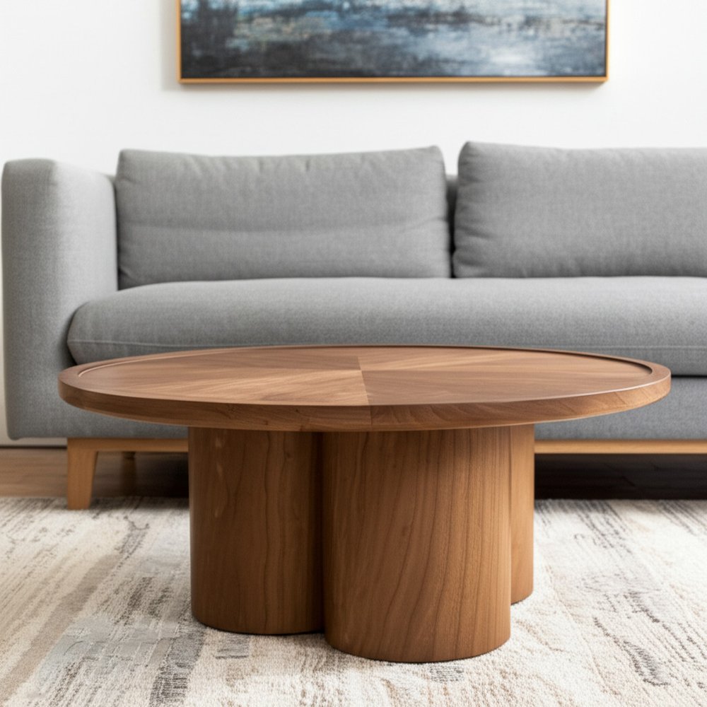 39" Natural Solid Wood Round Pedestal Coffee Table