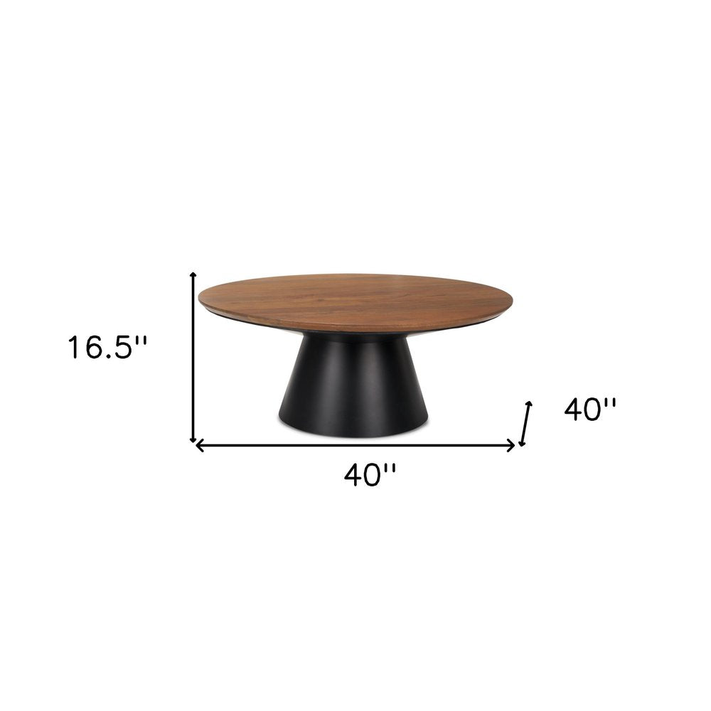 40" Brown and Black Solid Wood and Iron Round Pedestal Coffee Table
