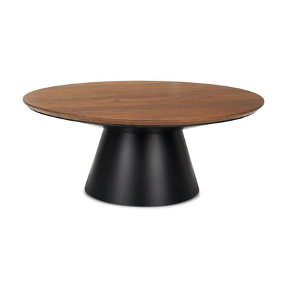 40" Brown and Black Solid Wood and Iron Round Pedestal Coffee Table