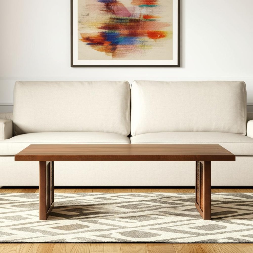 42" Brown and Natural Solid Wood and Wicker Square Double Pedestal Coffee Table