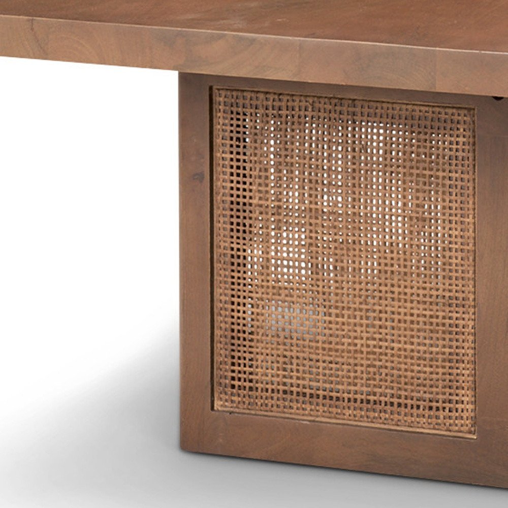 42" Brown and Natural Solid Wood and Wicker Square Double Pedestal Coffee Table