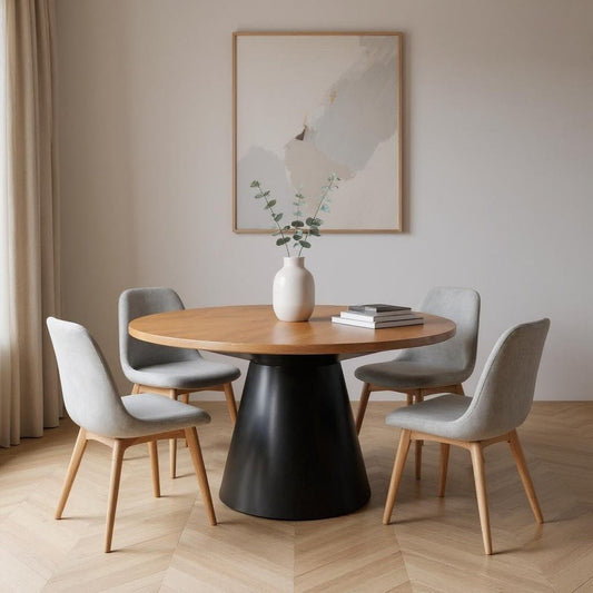 63" Brown and Black Solid Wood and Metal Pedestal Base Round Top Dining Table