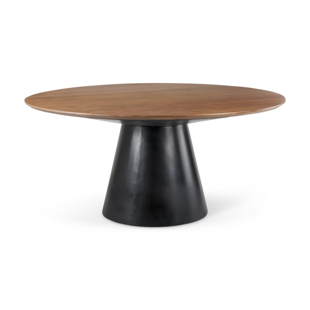 63" Brown and Black Solid Wood and Metal Pedestal Base Round Top Dining Table