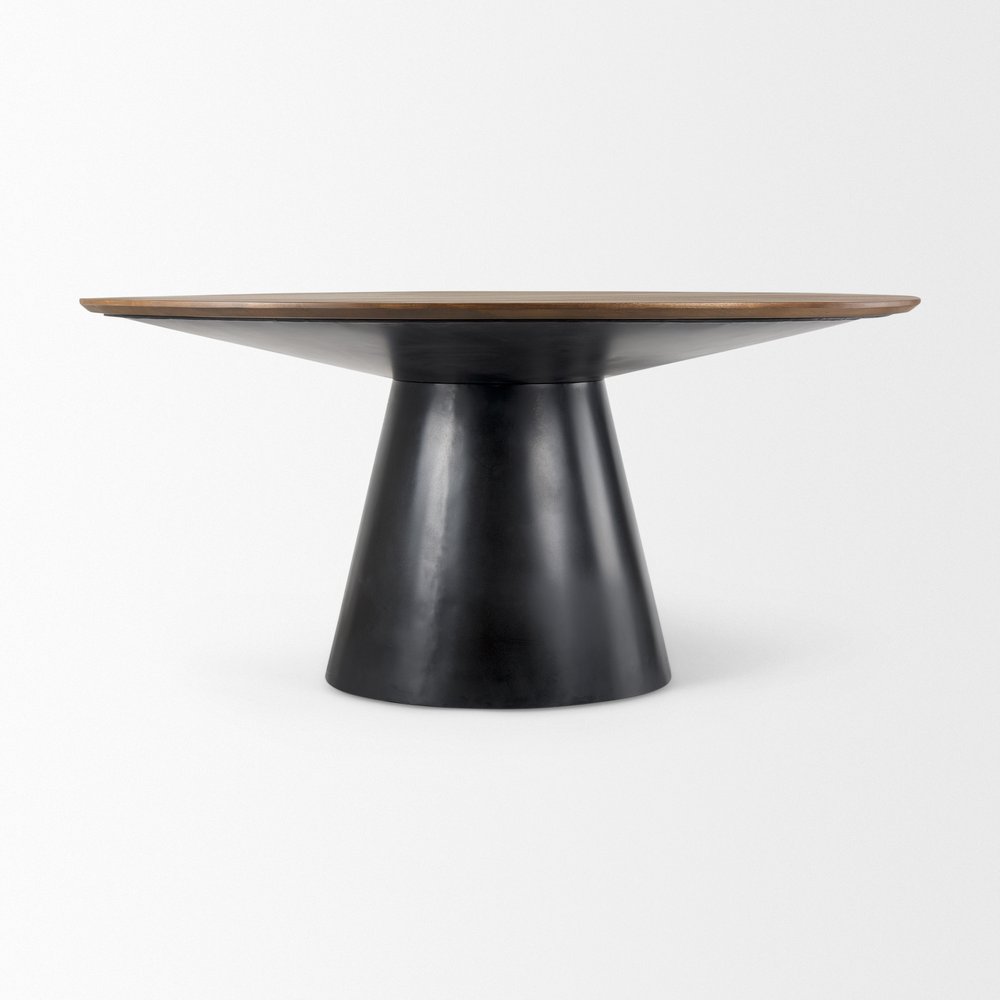 63" Brown and Black Solid Wood and Metal Pedestal Base Round Top Dining Table