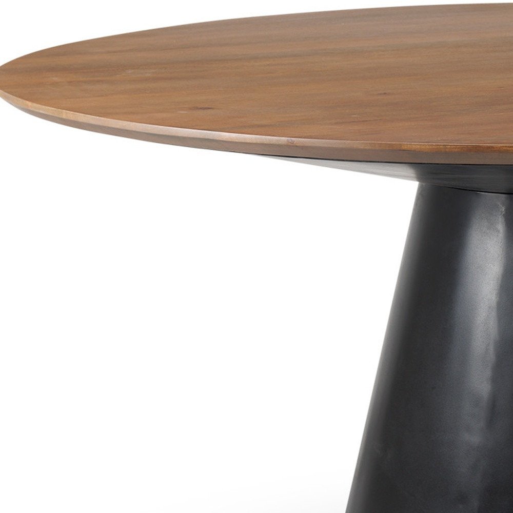 63" Brown and Black Solid Wood and Metal Pedestal Base Round Top Dining Table