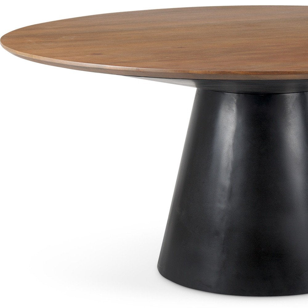 63" Brown and Black Solid Wood and Metal Pedestal Base Round Top Dining Table