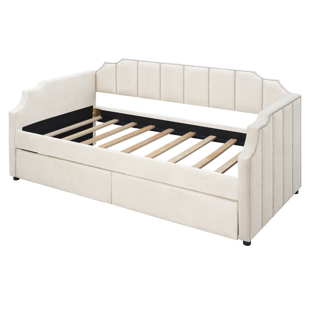 Beige Upholstered Twin Bed Frame
