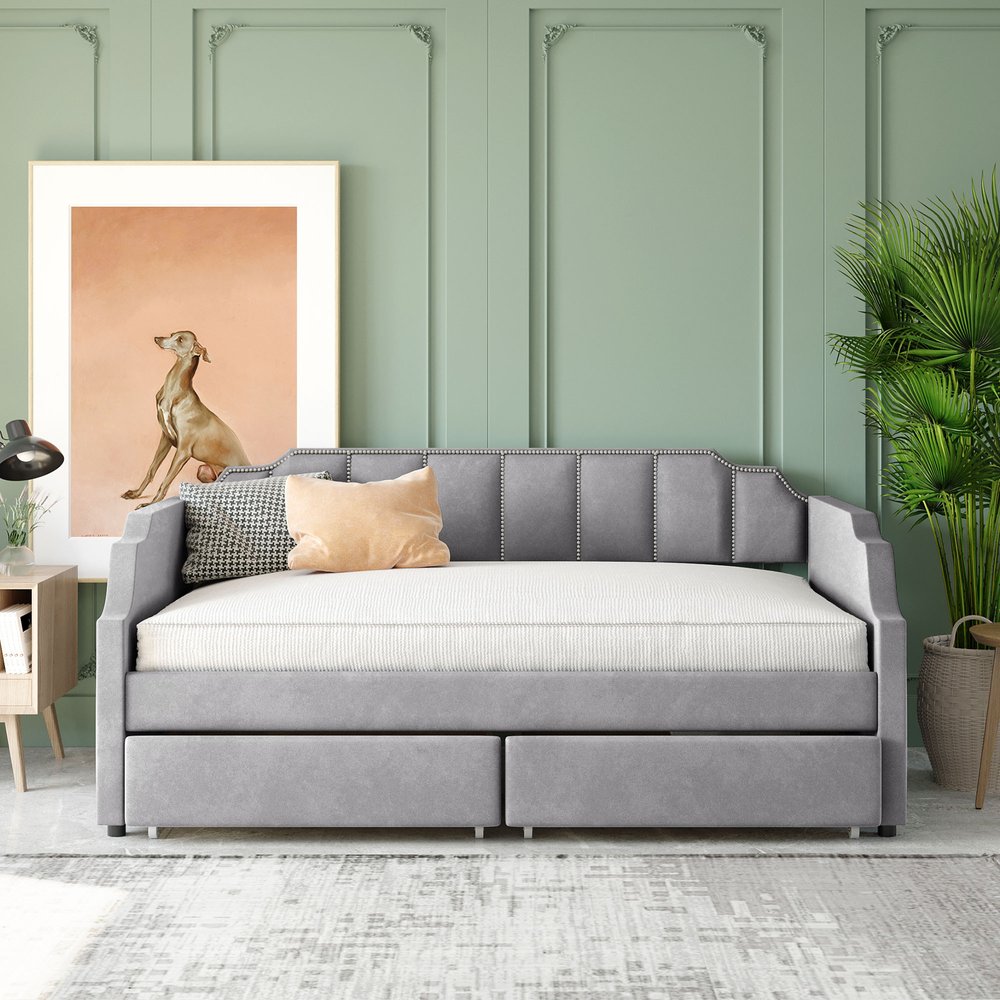 Gray Upholstered Twin Bed Frame