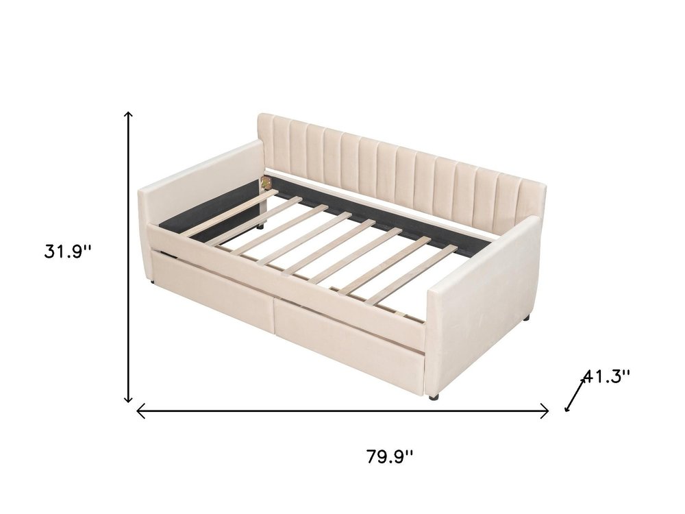 Beige Upholstered Twin Bed Frame With Drawers
