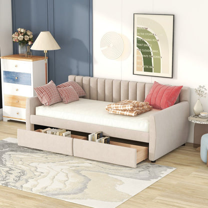 Beige Upholstered Twin Bed Frame With Drawers