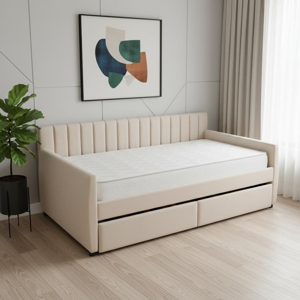 Beige Upholstered Twin Bed Frame With Drawers
