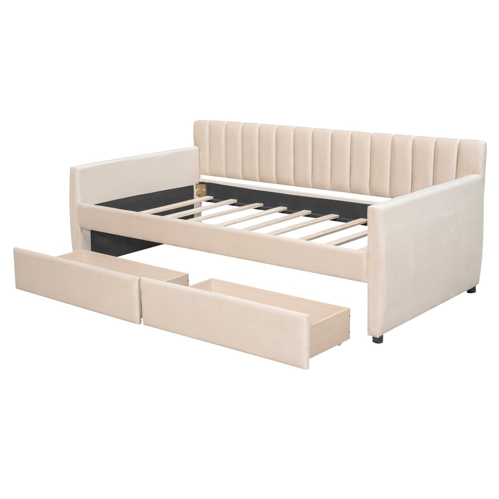 Beige Upholstered Twin Bed Frame With Drawers