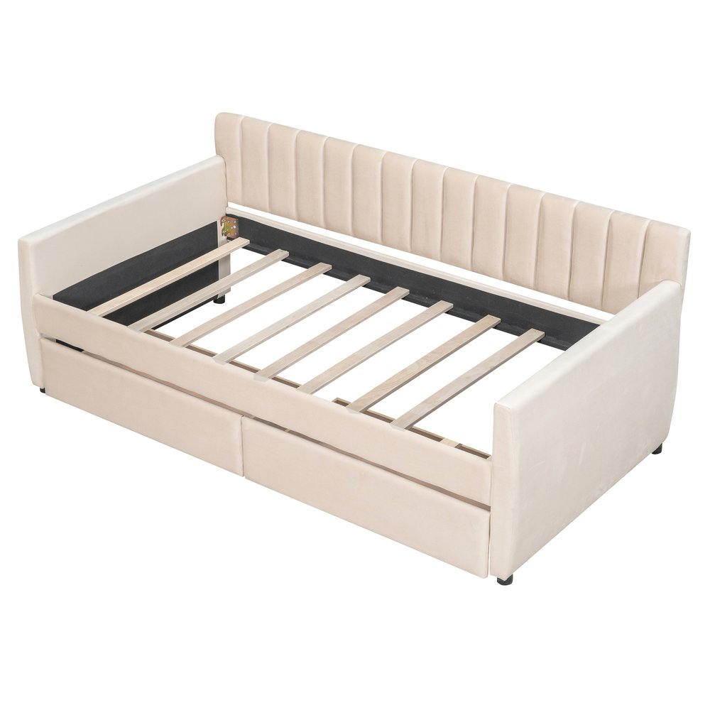 Beige Upholstered Twin Bed Frame With Drawers