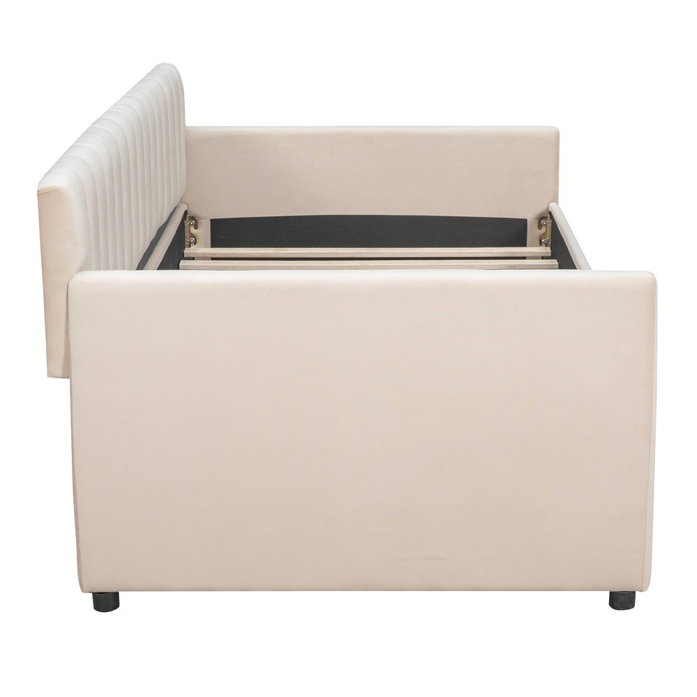 Beige Upholstered Twin Bed Frame With Drawers