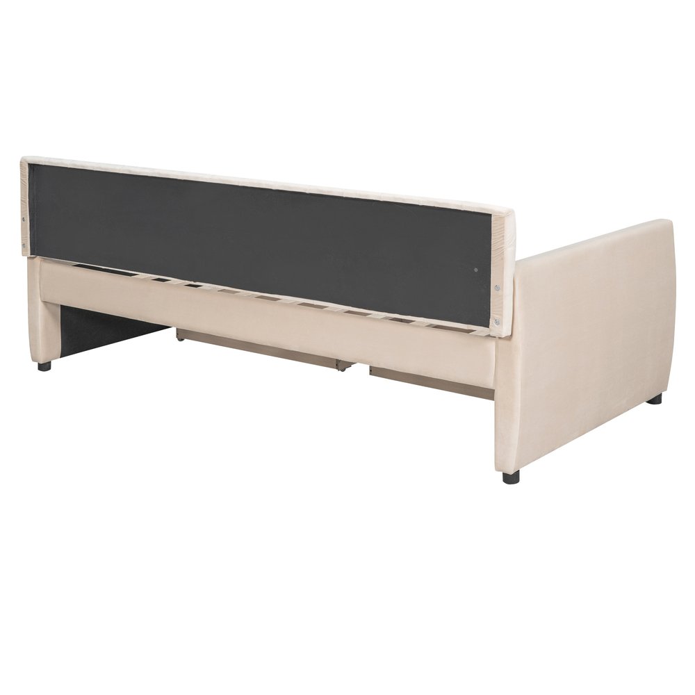 Beige Upholstered Twin Bed Frame With Drawers