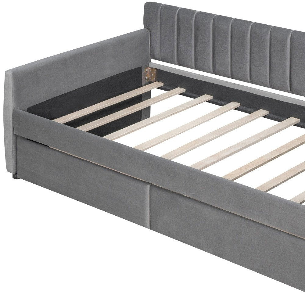 Gray Upholstered Twin Bed Frame With Drawers