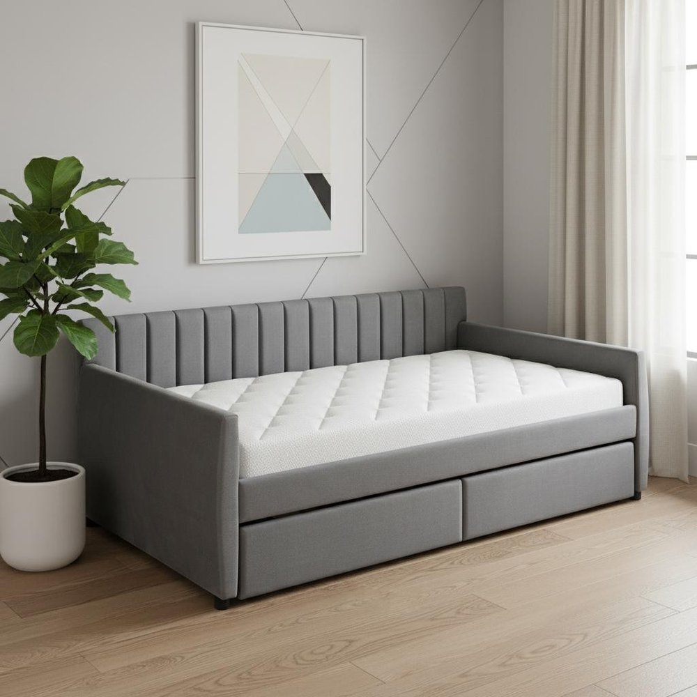 Gray Upholstered Twin Bed Frame With Drawers