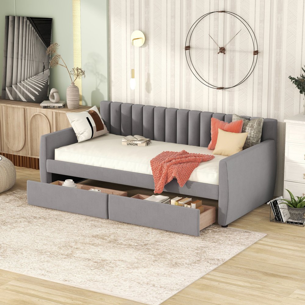 Gray Upholstered Twin Bed Frame With Drawers