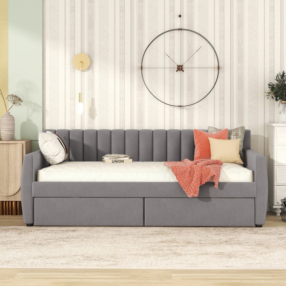Gray Upholstered Twin Bed Frame With Drawers