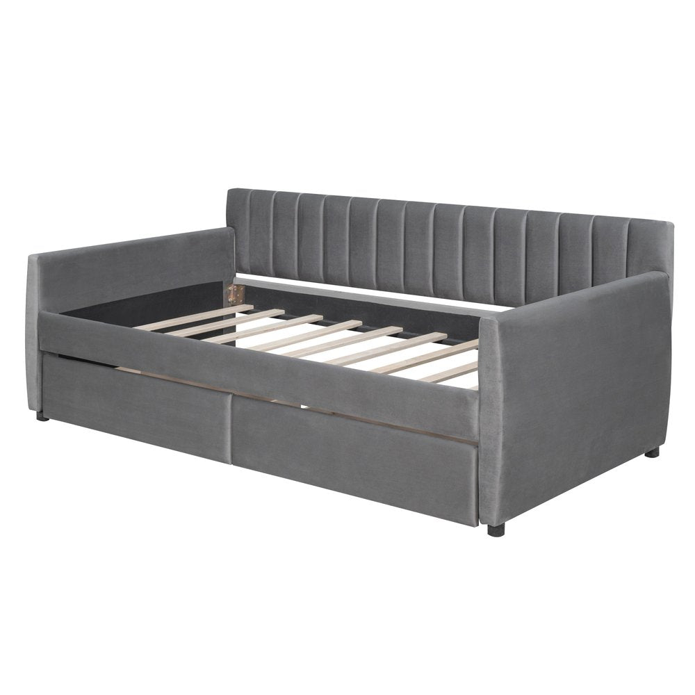 Gray Upholstered Twin Bed Frame With Drawers