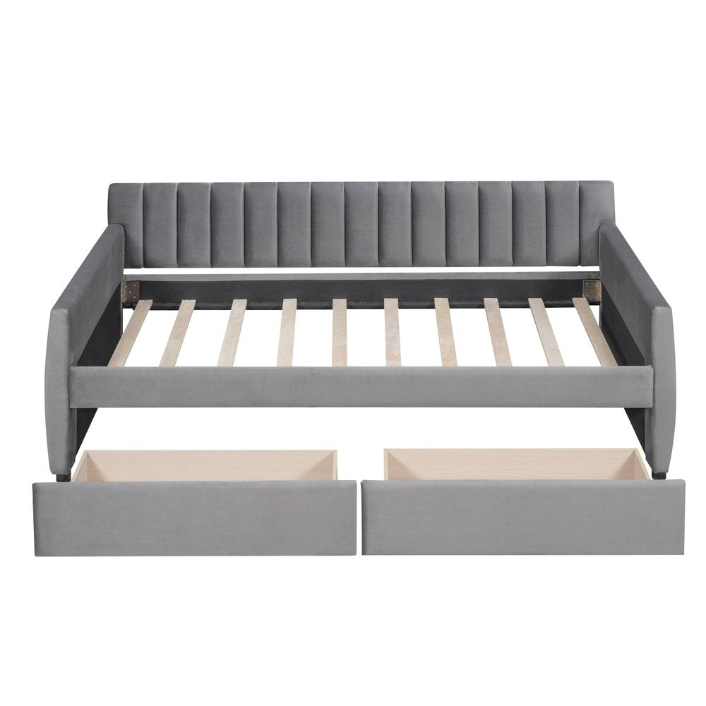 Gray Upholstered Twin Bed Frame With Drawers