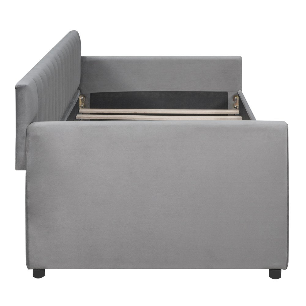 Gray Upholstered Twin Bed Frame With Drawers